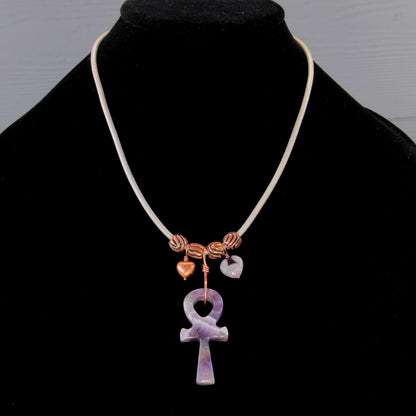 Amethyst gemstone carved Ankh pendant with copper on leather necklace