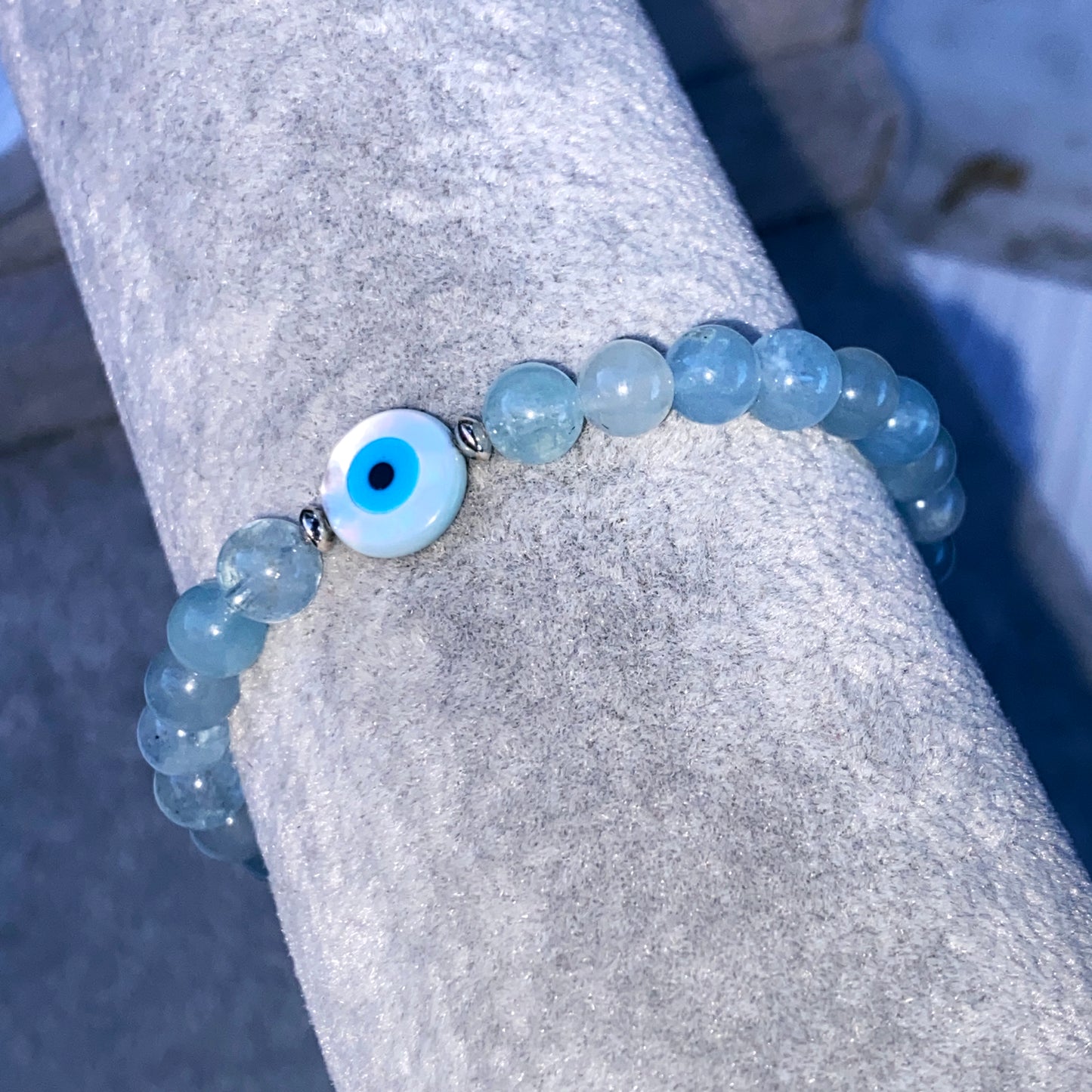 Aquamarine with Mother of Pearl Evil Eye stretch Bracelet