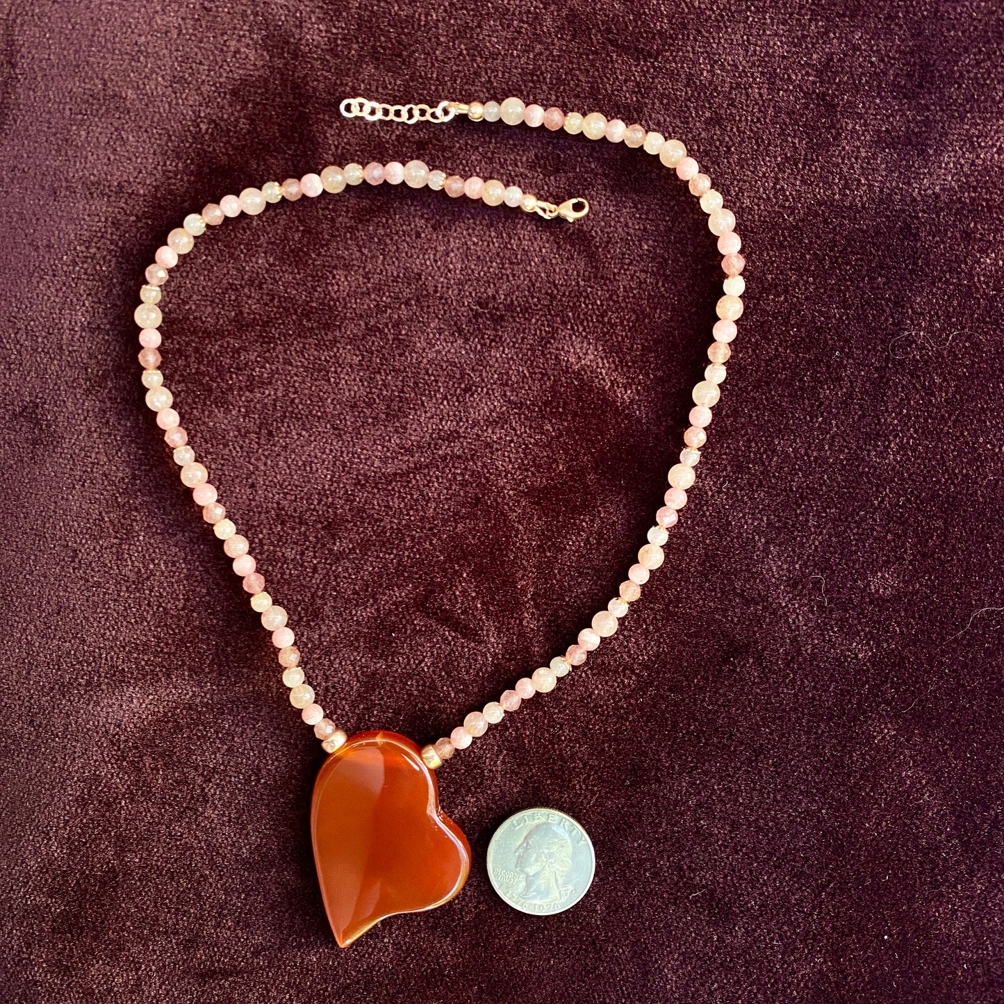 Carnelian Heart, Rhodochrosite, Lepidolite, and 14 Kt Rose Gf Necklace