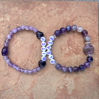 Women’s “bitch please” purple gemstone curse stretch bracelet set