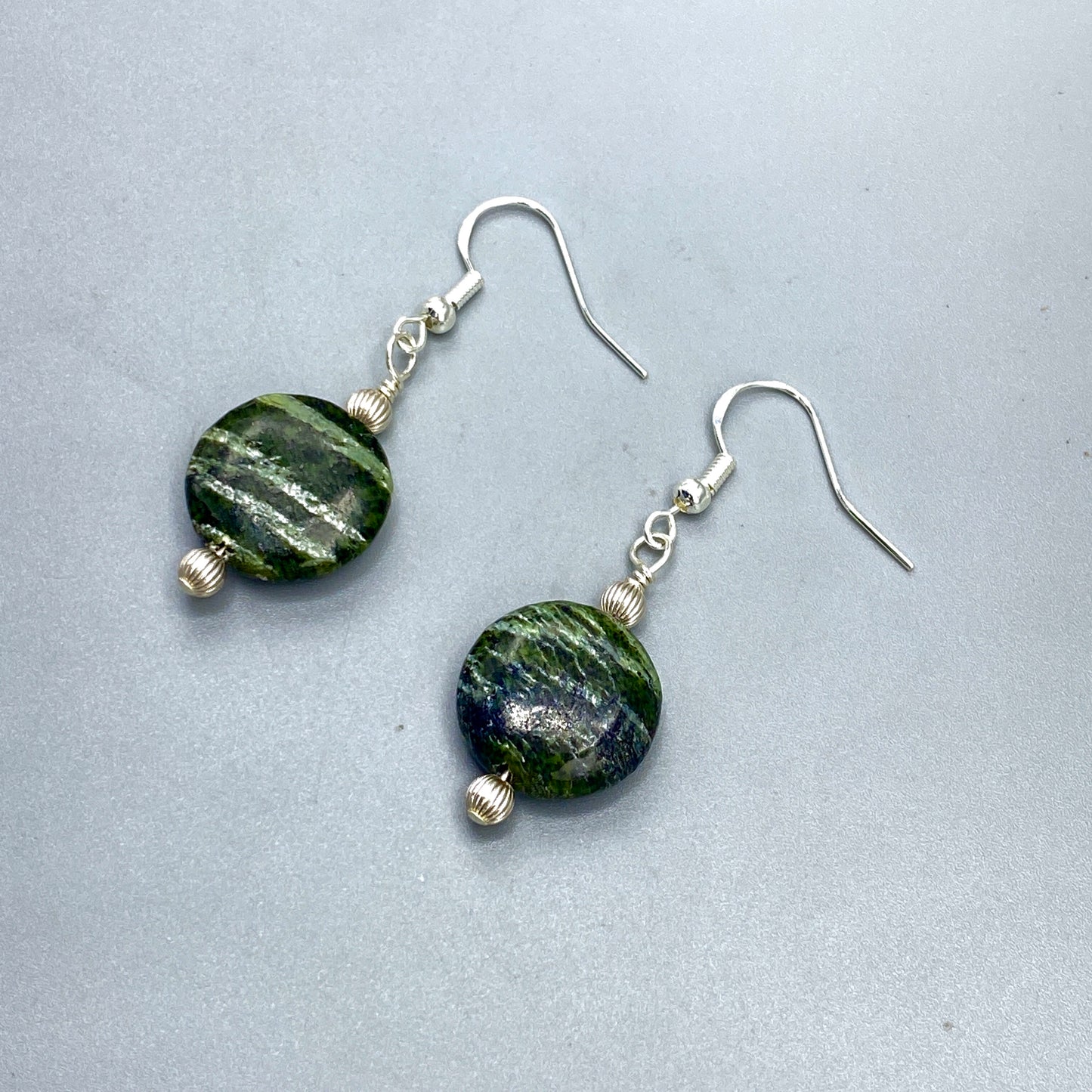 Green Zebra Jasper Gemstone and Sterling Silver Drop Earrings