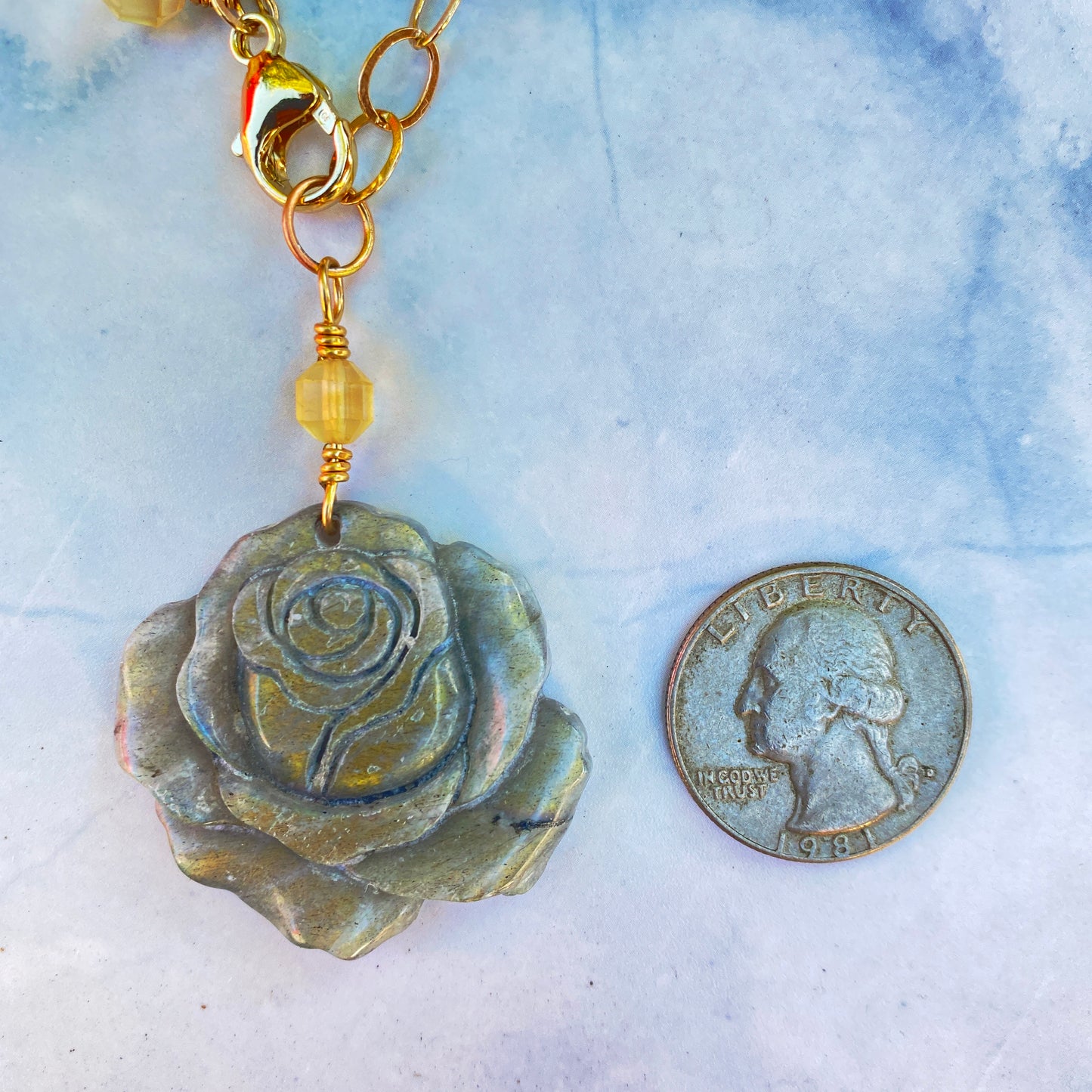 Labradorite gemstone carved Rose pendant on 14 kt Gold Necklace