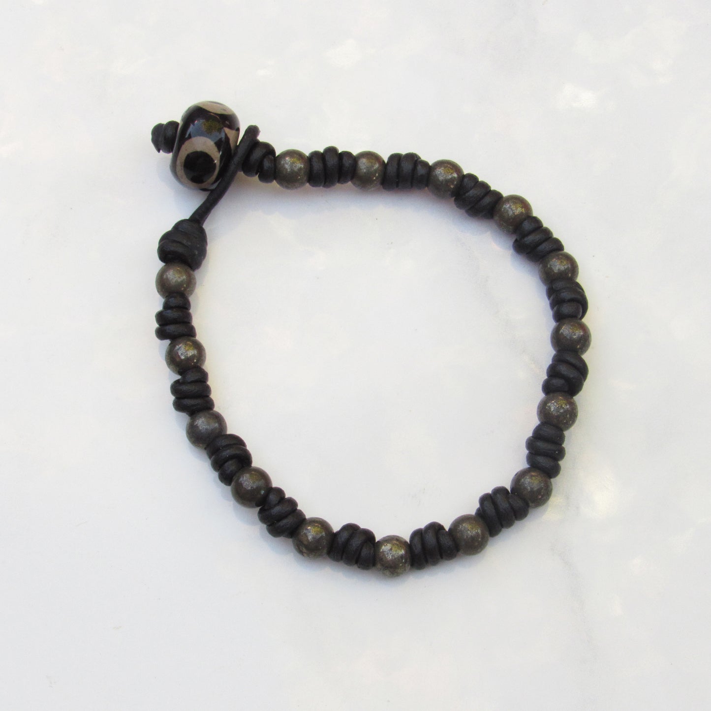 Leather Hand Knotted Pyrite and Tibetan Agate Bracelet