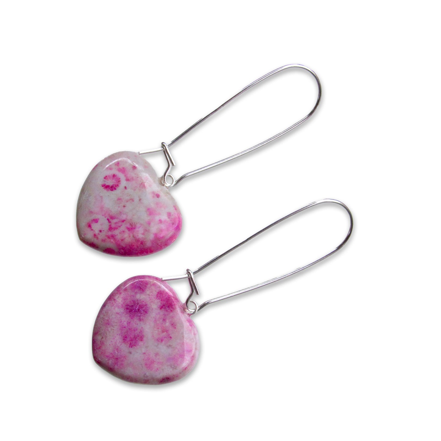 Pink Coral Fossil and sterling silver dangle drop earrings