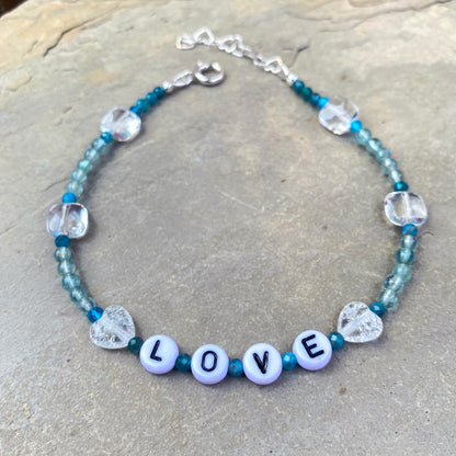 Blue Apatite “LOVE” anklet with Clear Quartz Gemstone heart beads