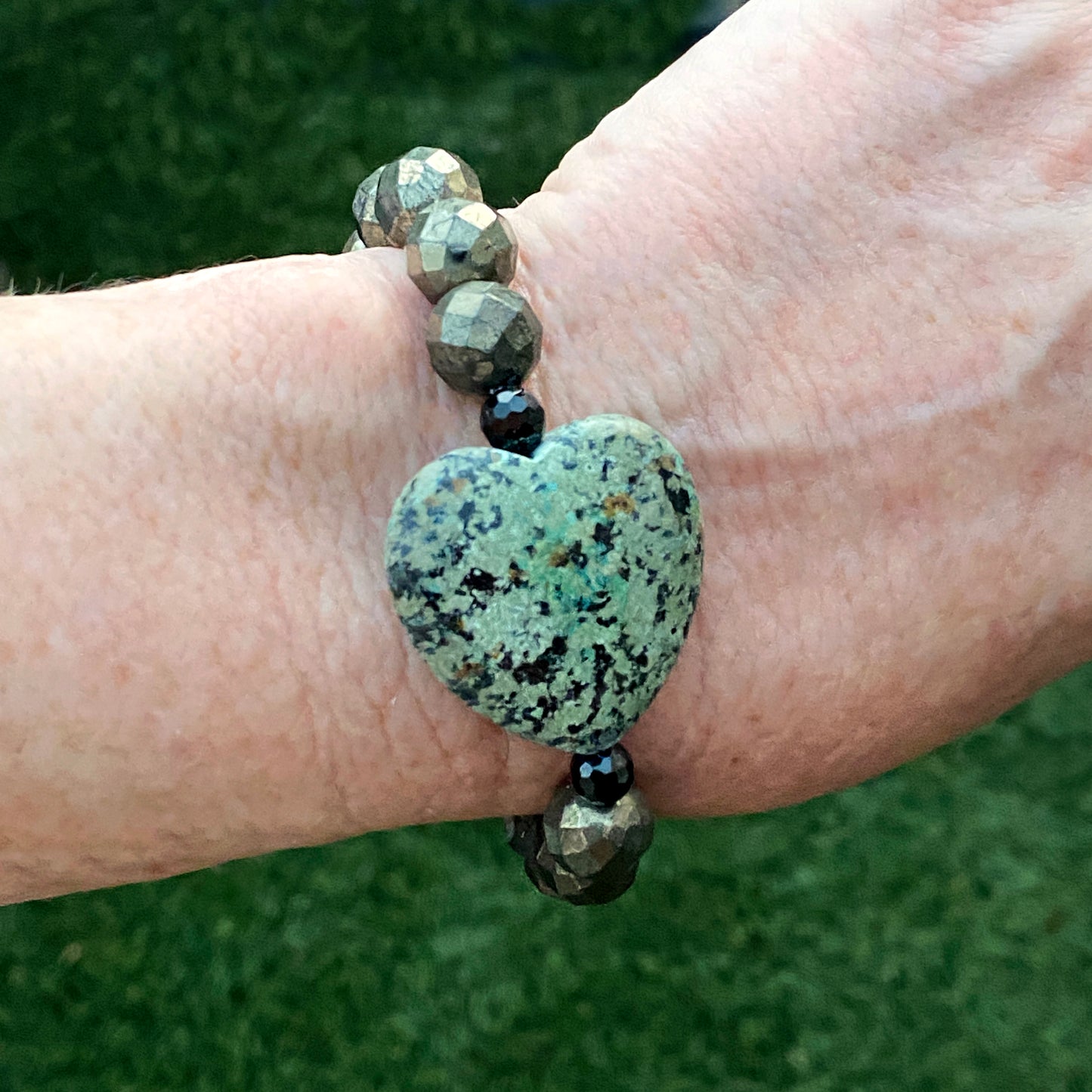 African Turquoise gemstone heart, Pyrite, and Black Spinel bracelet