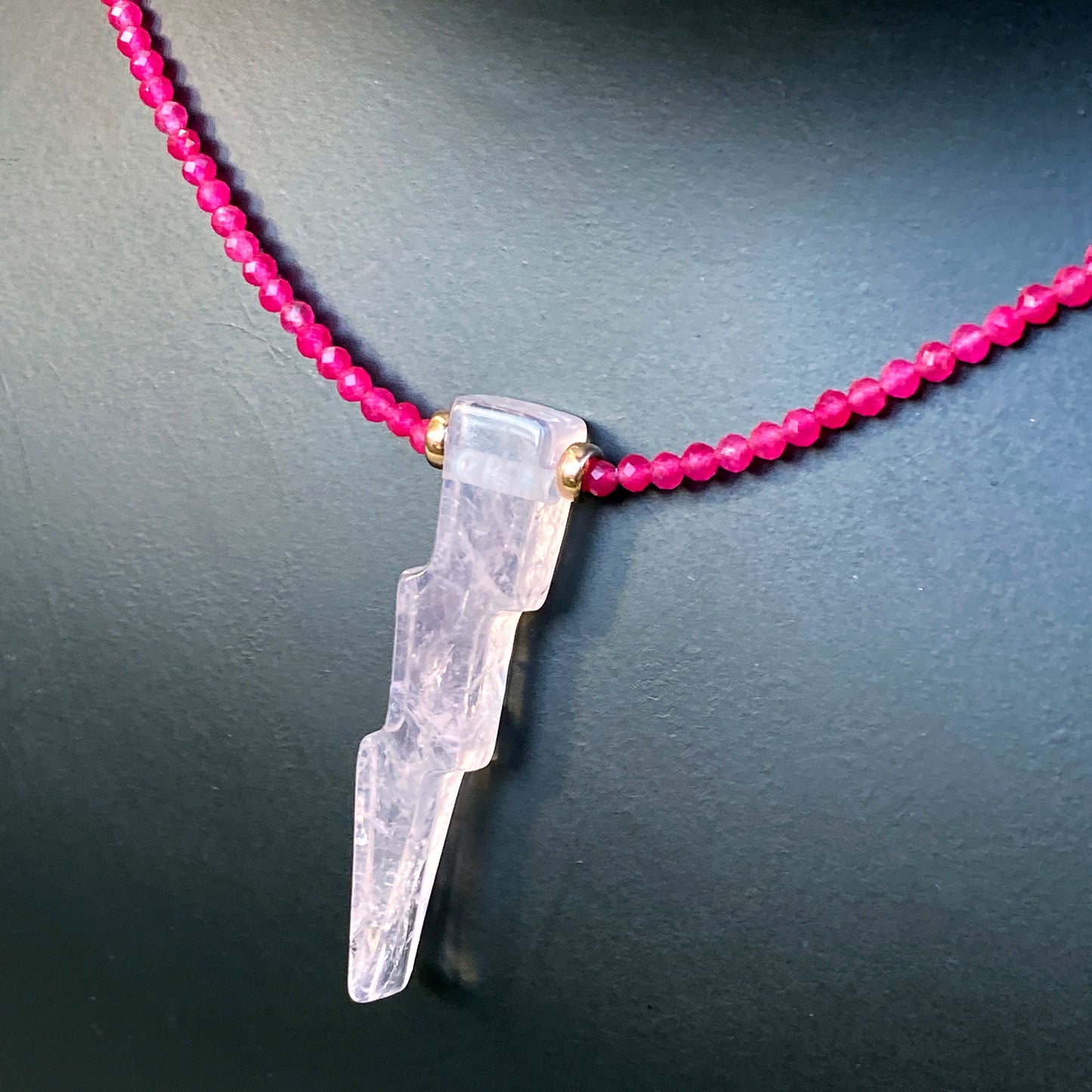 Rose Quartz Lighting Bolt with Hot Pink Jade Gemstone and 14 Kt Rose GF Necklace