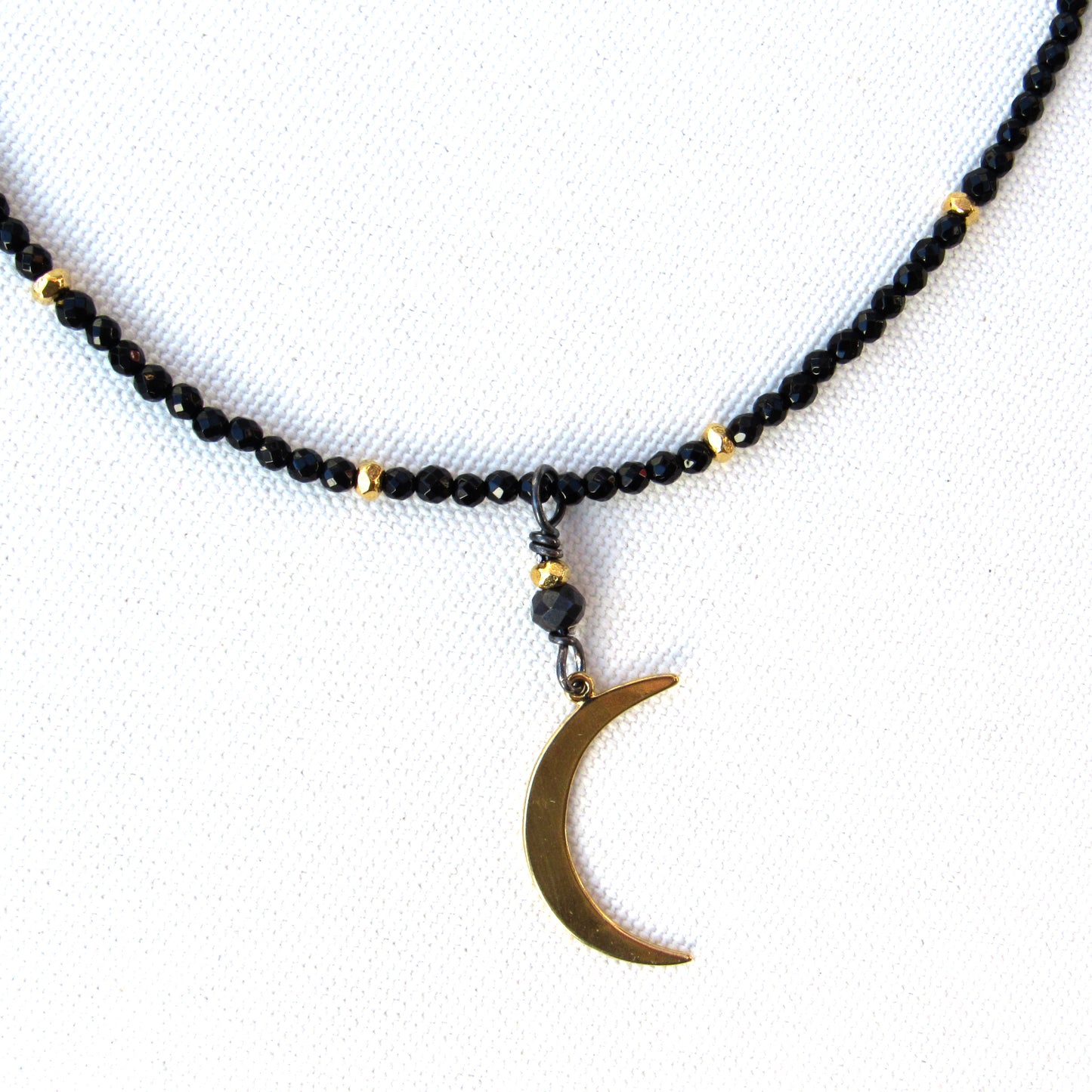 Black onyx, gold vermeil over sterling silver Moon and beads. Black non conflict diamond