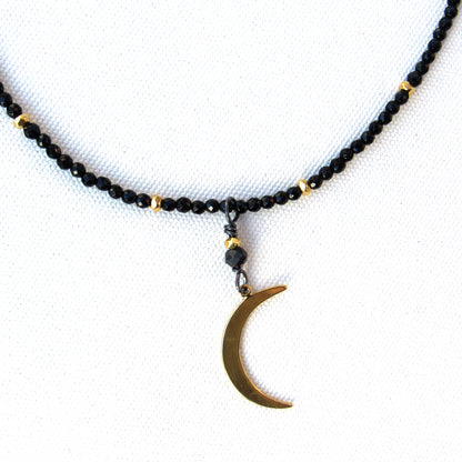 Black onyx, gold vermeil over sterling silver Moon and beads. Black non conflict diamond