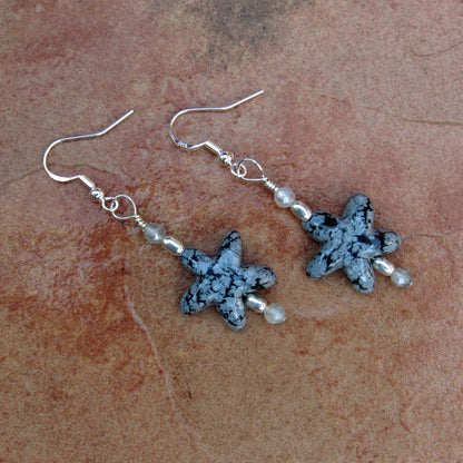 Snowflake Obsidian gemstone Stars, Labradorite, and Sterling Silver Drop Earrings