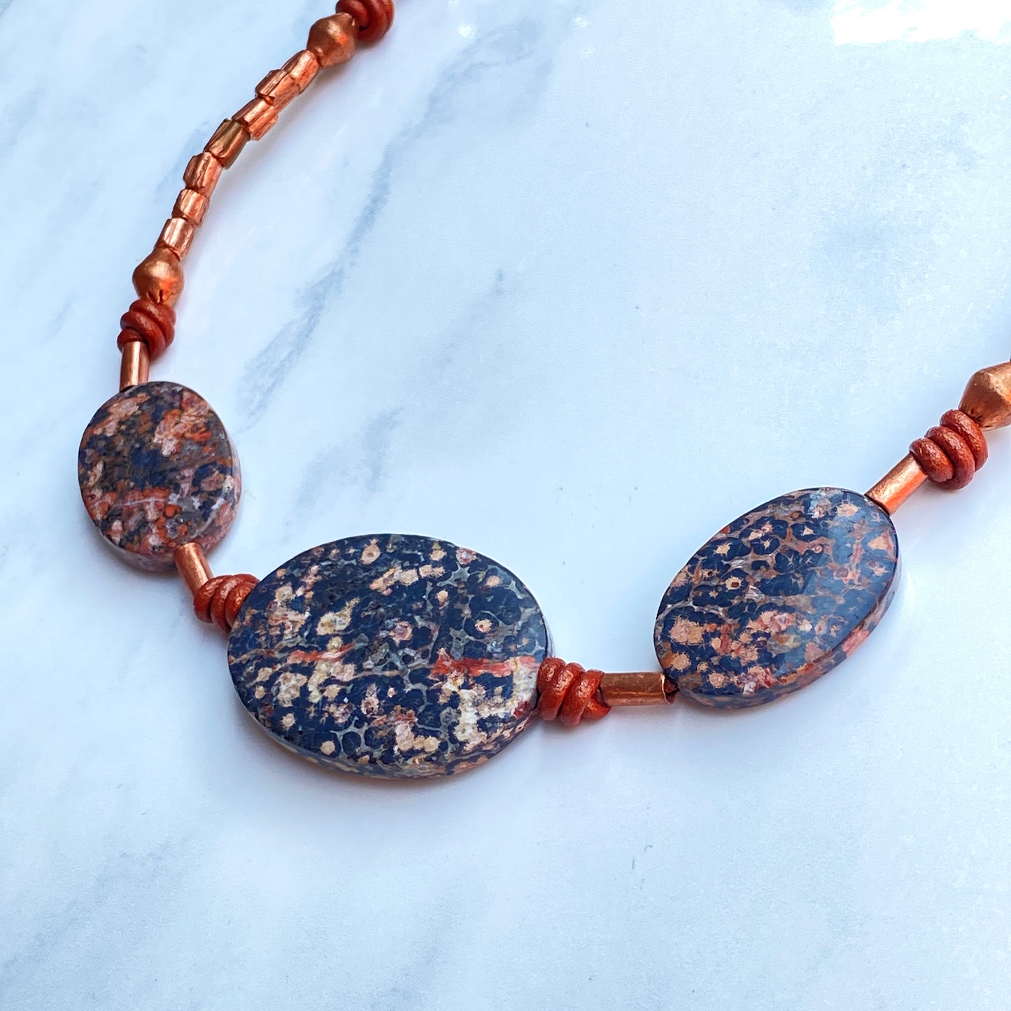 Leopard Print Jasper and Genuine Copper Hand Knotted on Leather