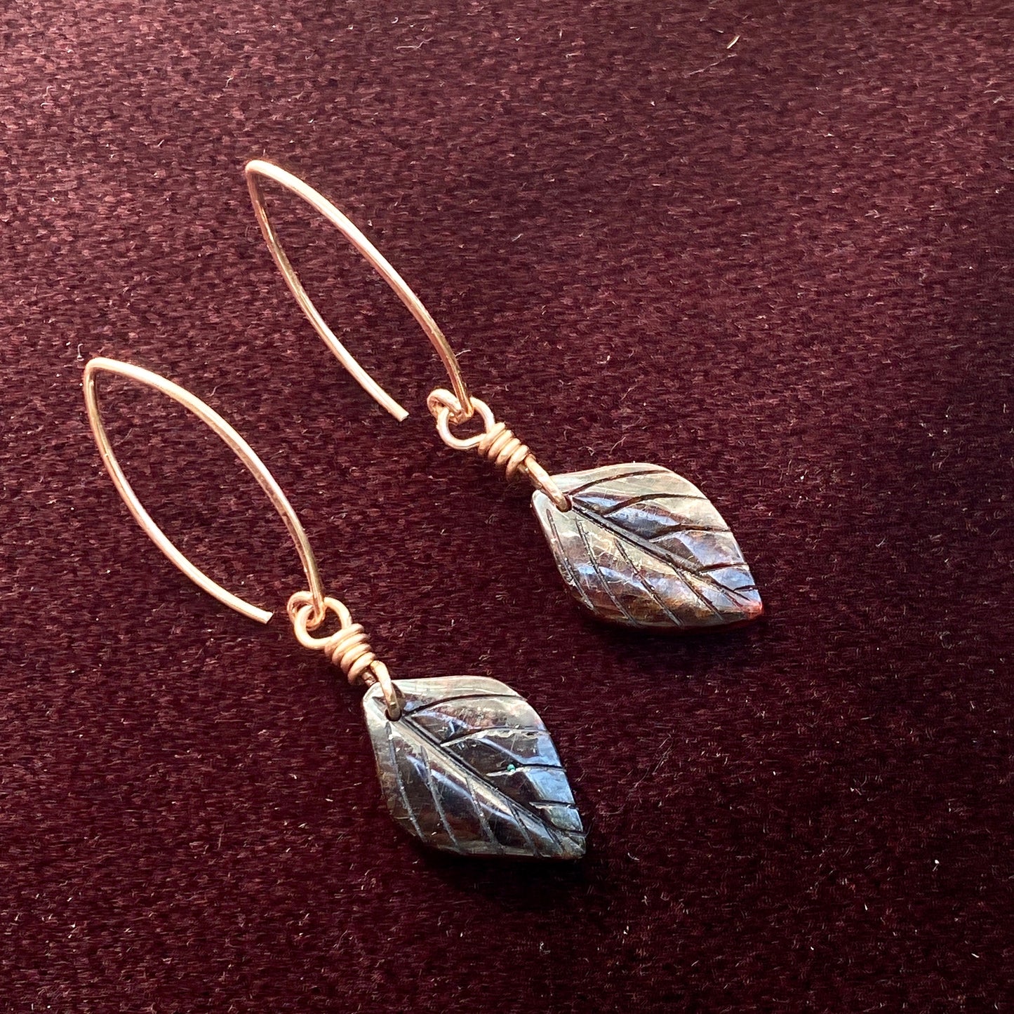 Genuine Garnet Leaf Carved Earrings Hand Wrapped with Silver Vermeil Wire