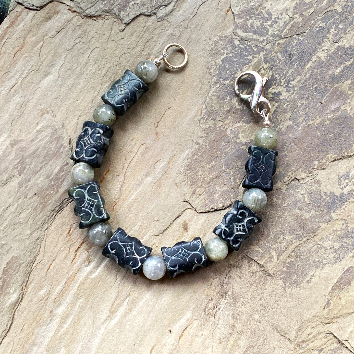 Black old jade and labradorite gemstones with sterling silver clasp bracelet