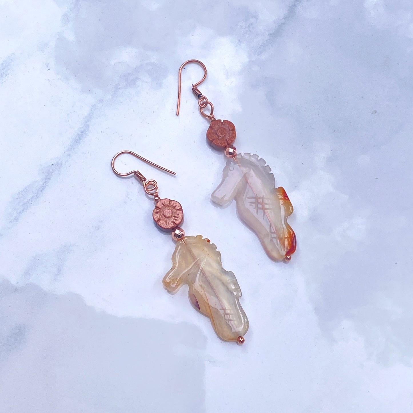 Red Agate gemstone SeaHorse, Goldstone, and Genuine Copper Drop Earrings