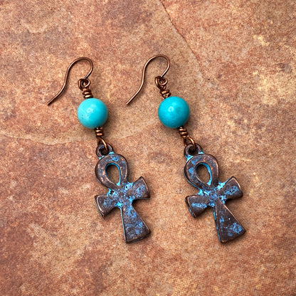 Turquoise and Copper Ankh Dangle Earrings