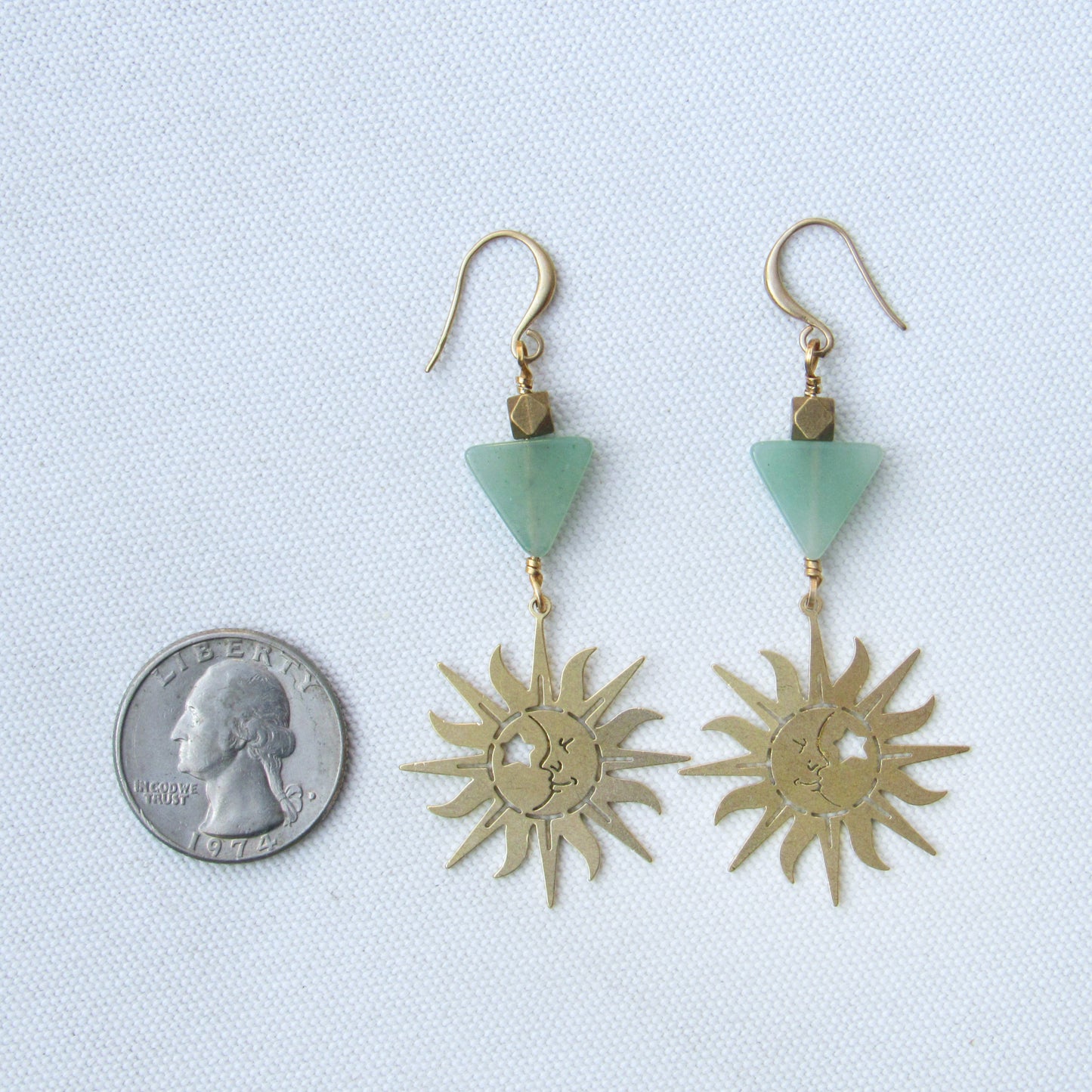 Brass Sun and Green Aventurine gemstone Drop Earrings