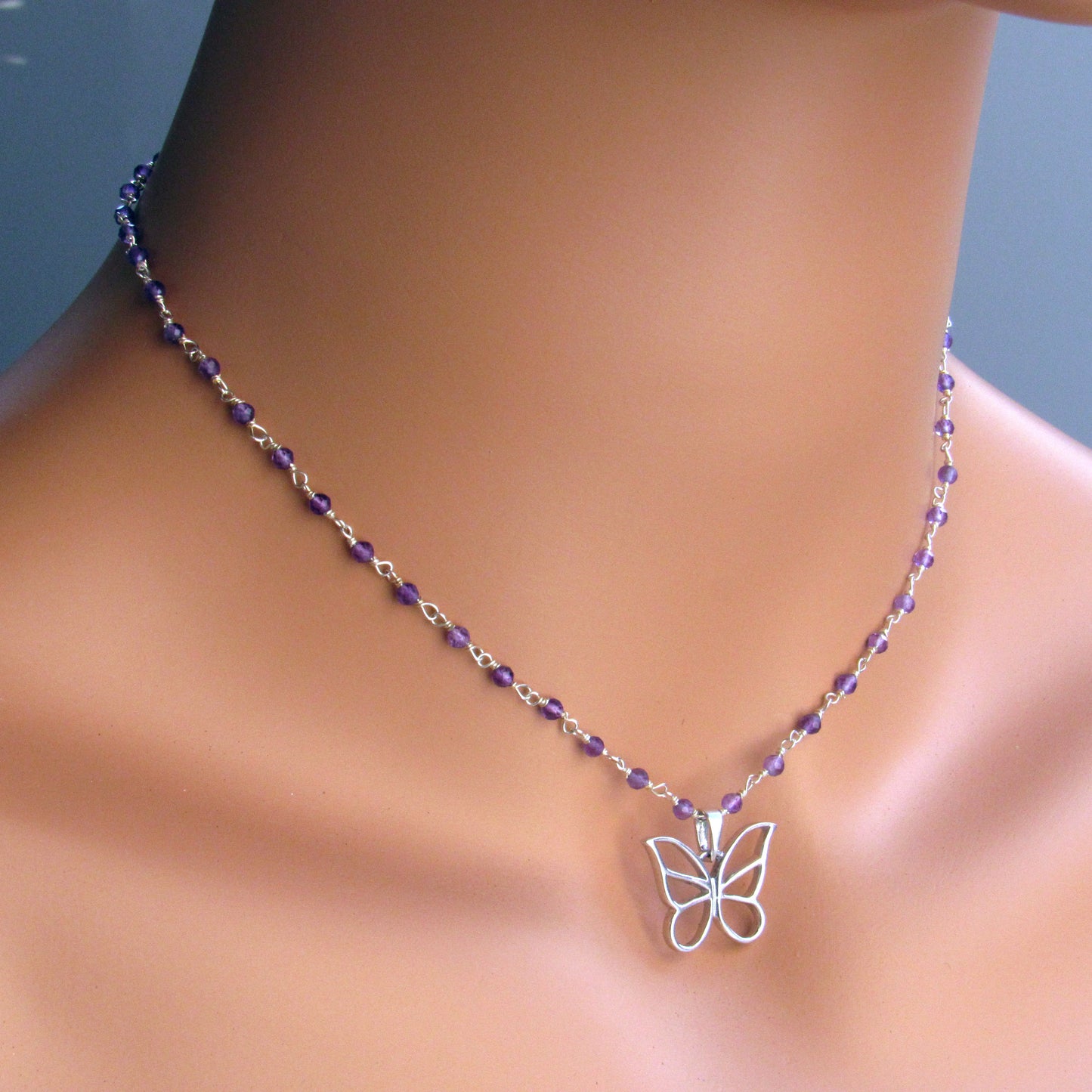 Sterling Silver Wrapped Amethyst gemstone Beads with Sterling Silver Butterfly Pendant