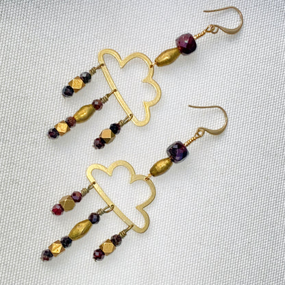 Raw Brass Cloud and Garnet gemstone Rain Drop Earrings