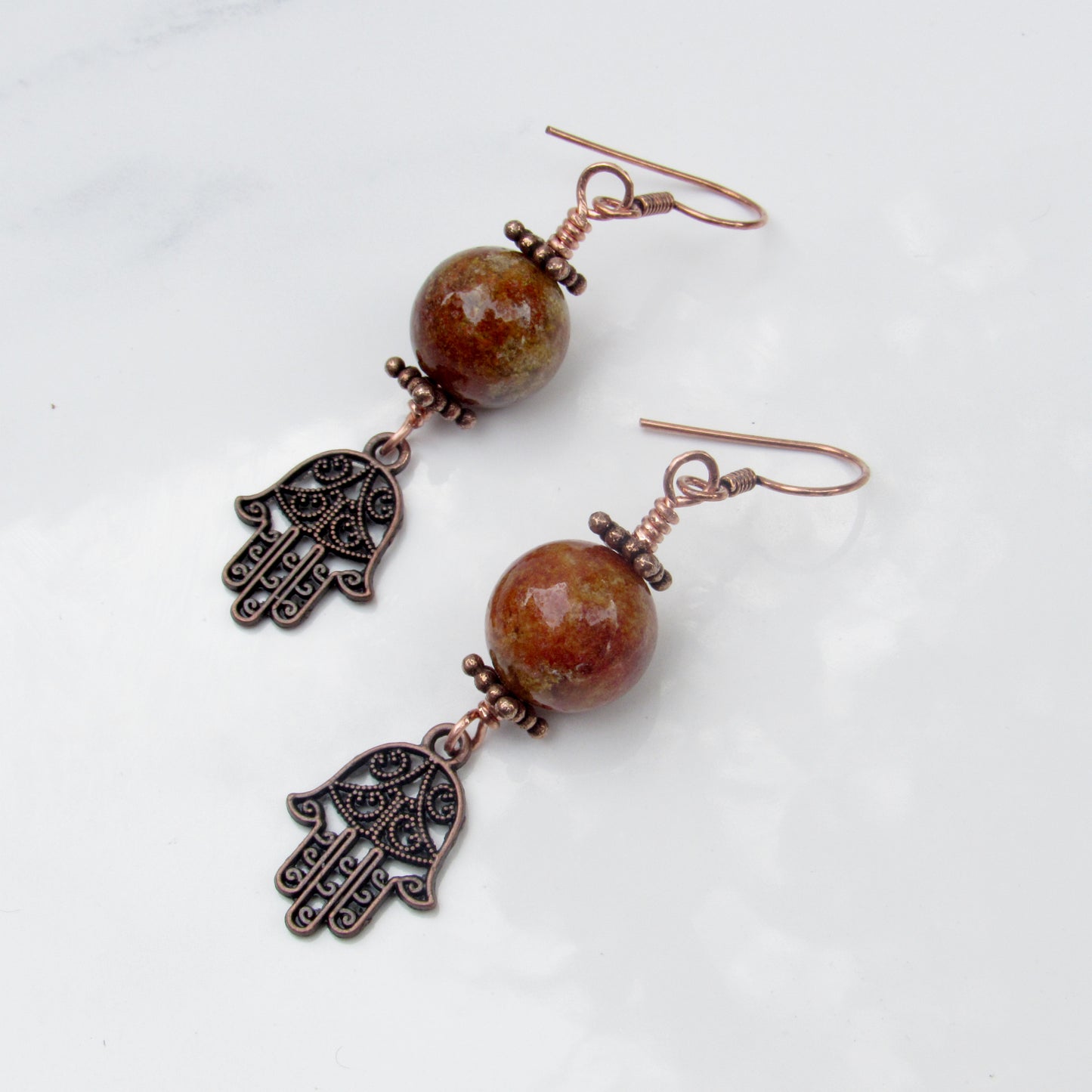 Phantom Ghost gemstones and Copper Hamsa Drop Earrings