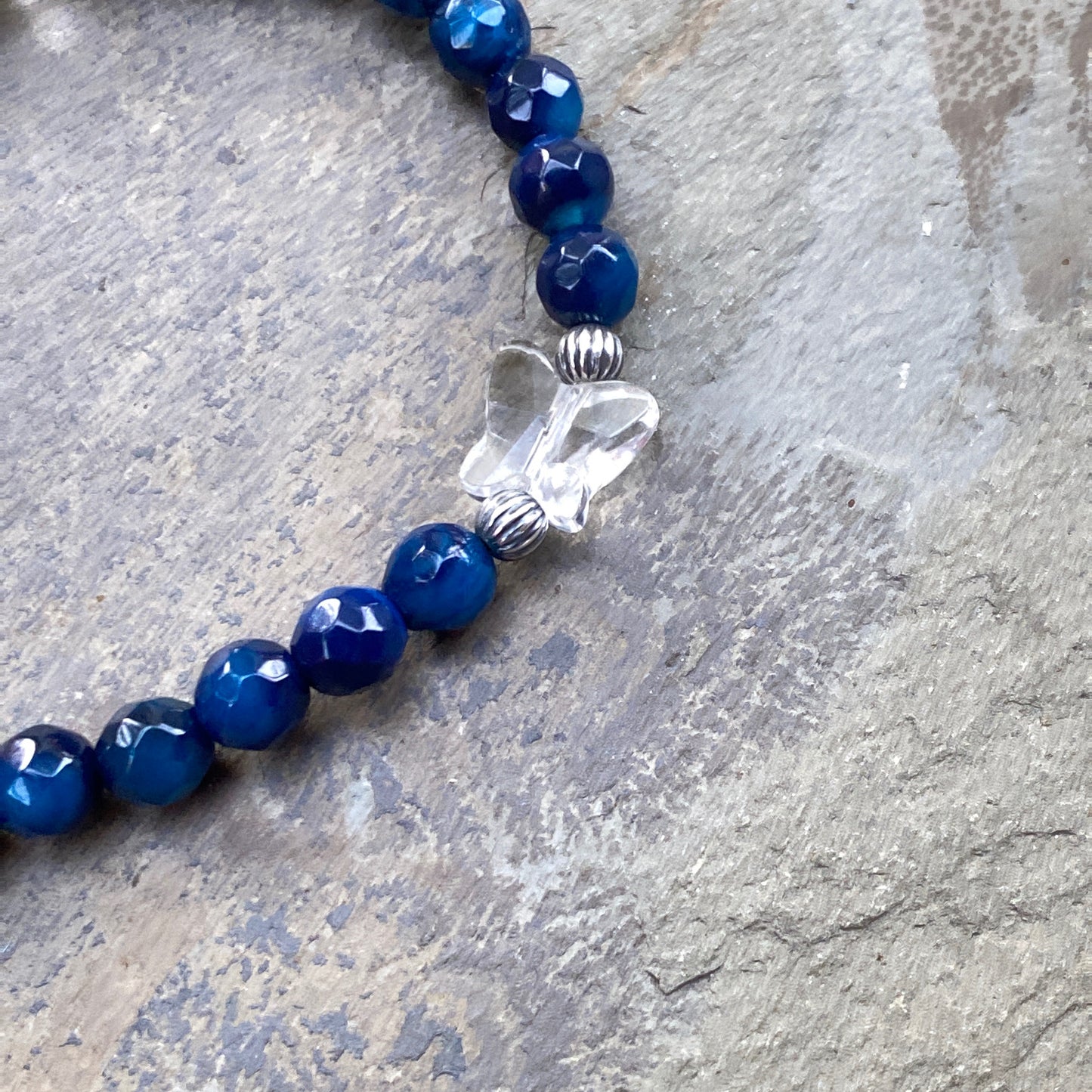 Blue Agate, Clear Quartz, and Sterling Silver “GODDESS” Stretch Bracelet