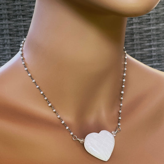 Scolecite gemstone Heart on Sterling Silver Wrapped Fresh Water Pearl Chain Necklace