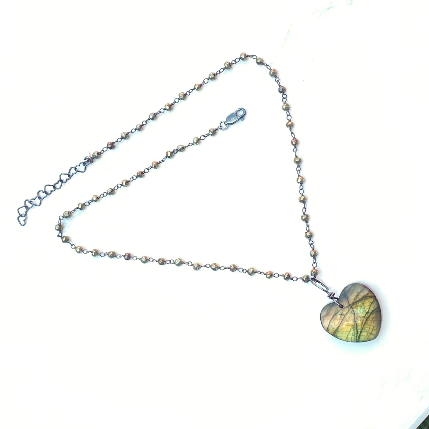 Labradorite Heart on Pyrite and Oxidized Sterling Silver Chain