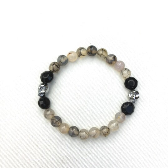 Men’s Hematite skull and Dragon Vein Agate with Black Agate gemstone stretch bracelet