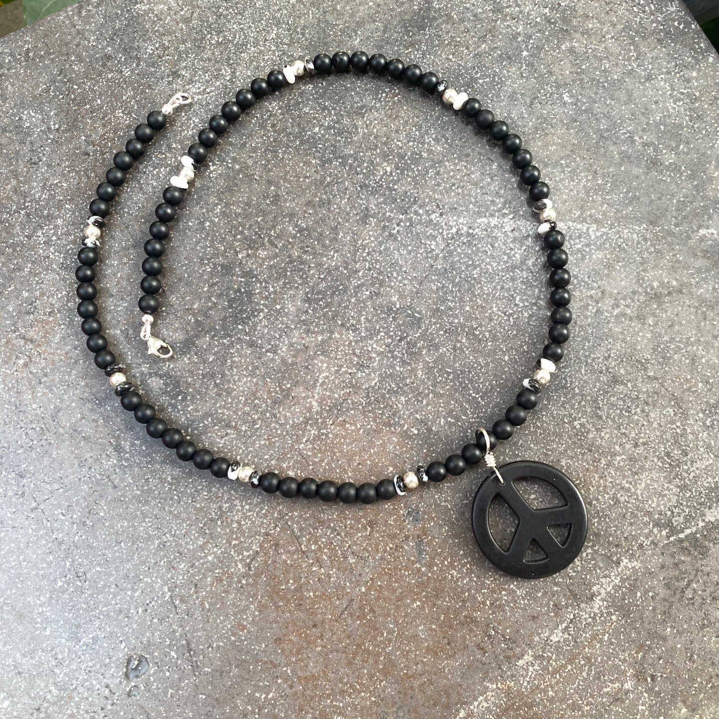 Howlite Peace Sign, Onyx, Sterling Silver, and Zebra Jasper Necklace