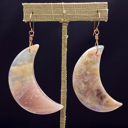 Large Natural Sakura Agate Moons with 14 Kt Rose Gf Drop Earrings