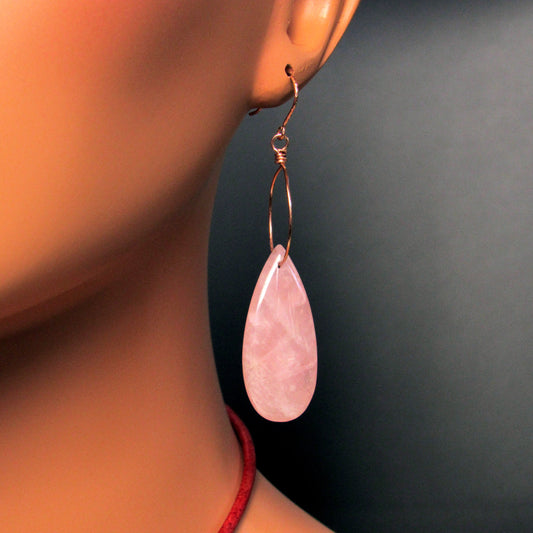 Rose Quartz Gemstone and Hand wrapped 14 kt Rose Gold Fill Drop Earrings