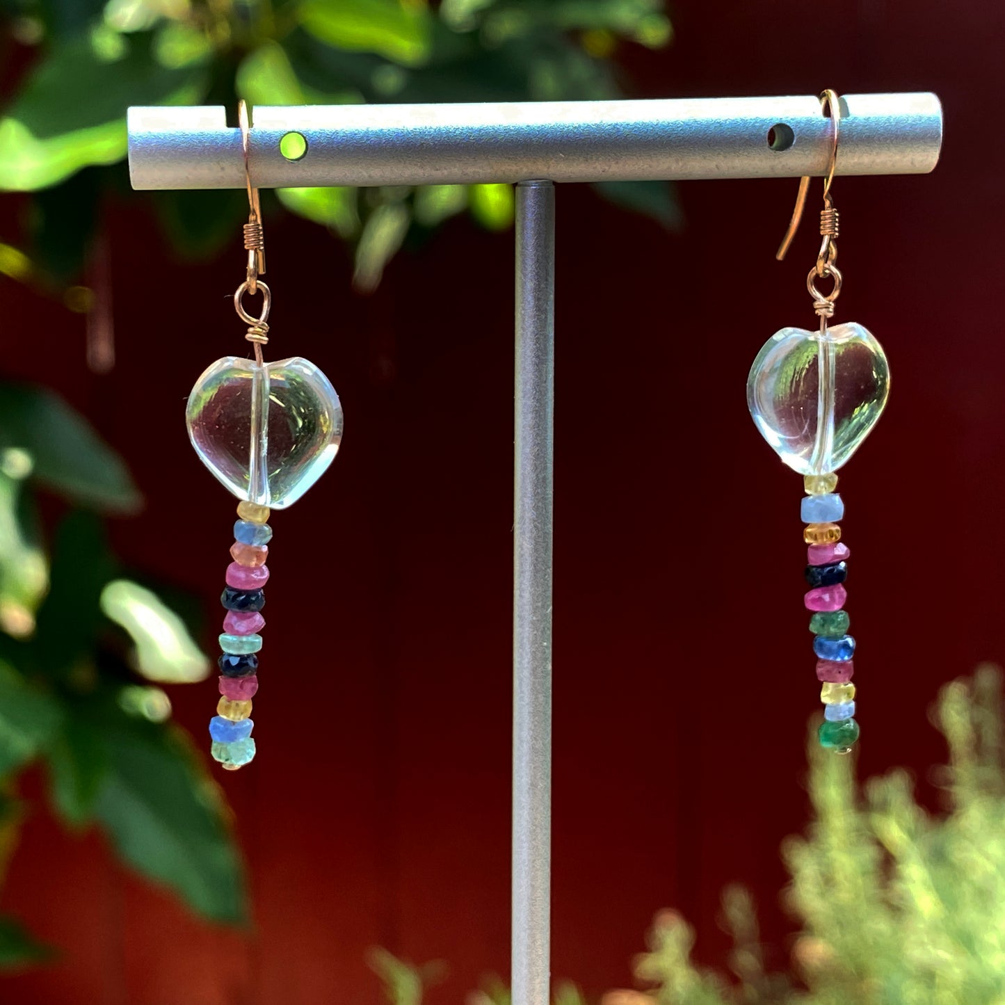 Clear Quartz hearts with precious stones Emeralds, Rubies, Sapphires drop earrings