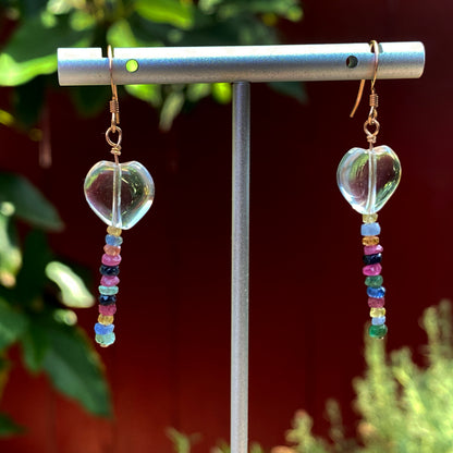 Clear Quartz hearts with precious stones Emeralds, Rubies, Sapphires drop earrings