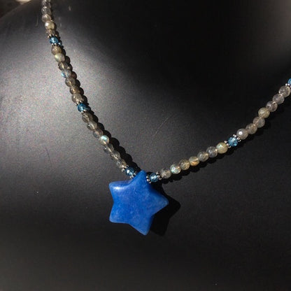 Women’s Blue jade Star, labradorite, blue topaz  & sterling silver Gemstone Pendant Necklace