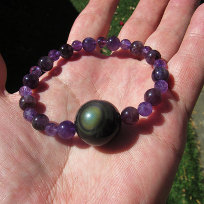 Rainbow Obsidian gemstone & purple Amethyst Smooth & Faceted Stretch Bracelet