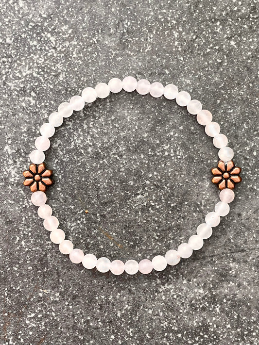 Rose Quartz and Copper Flower Beaded Stretch Bracelet