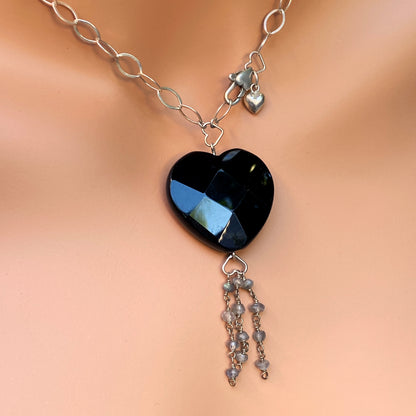 Black Onyx Faceted Heart Pendant w/ Labradorite on Sterling Silver Chain