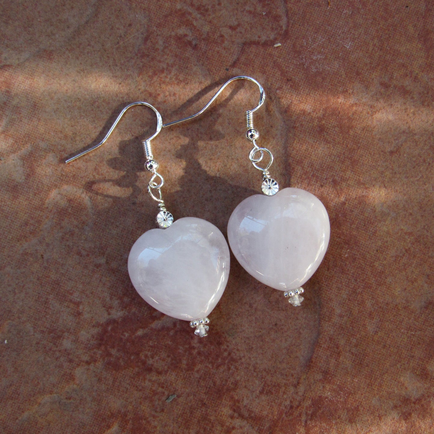 Rose Quartz Gemstone Hearts and Sterling Silver Drop Earrings