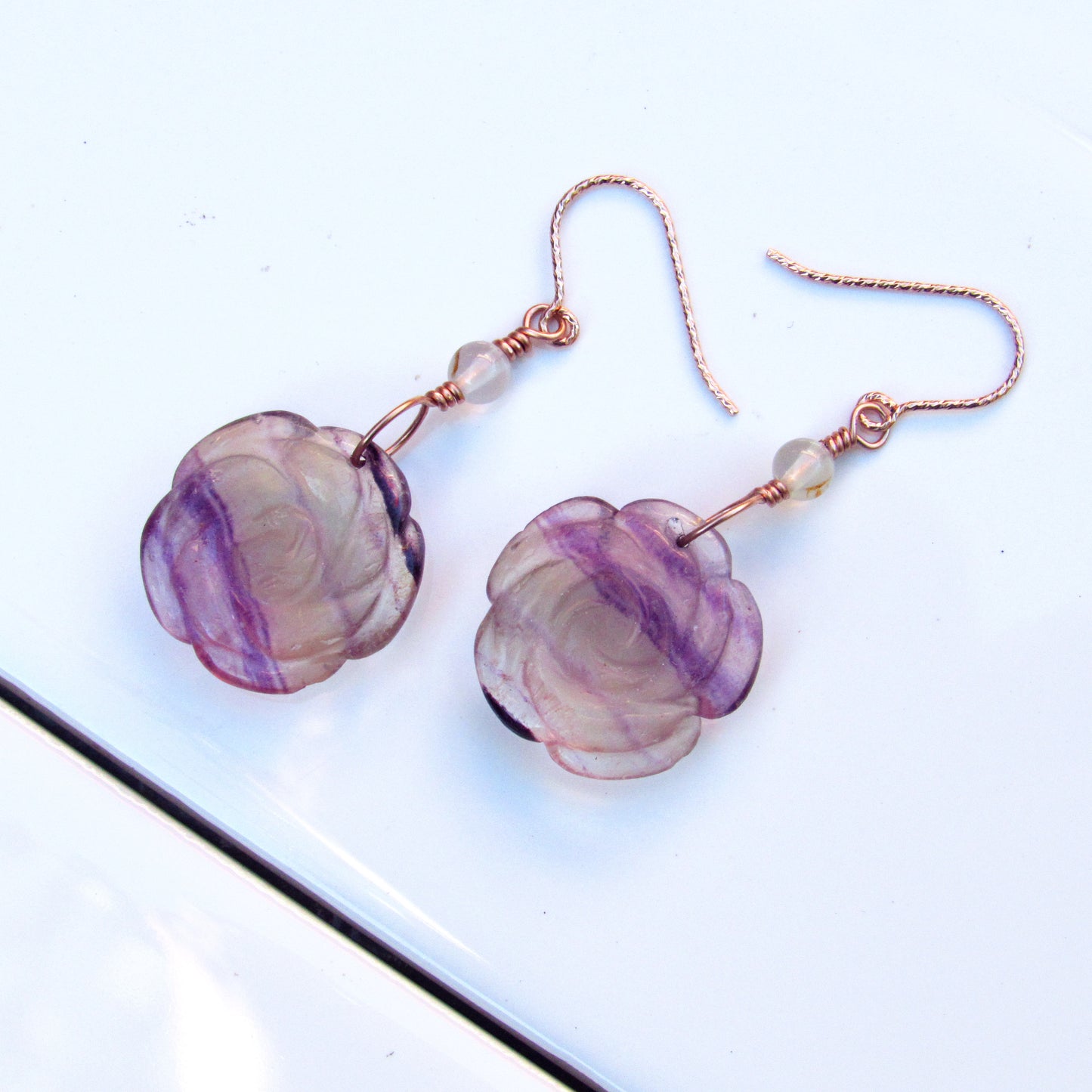 Fluorite Rose and White Agate Gemstone Drop Earrings