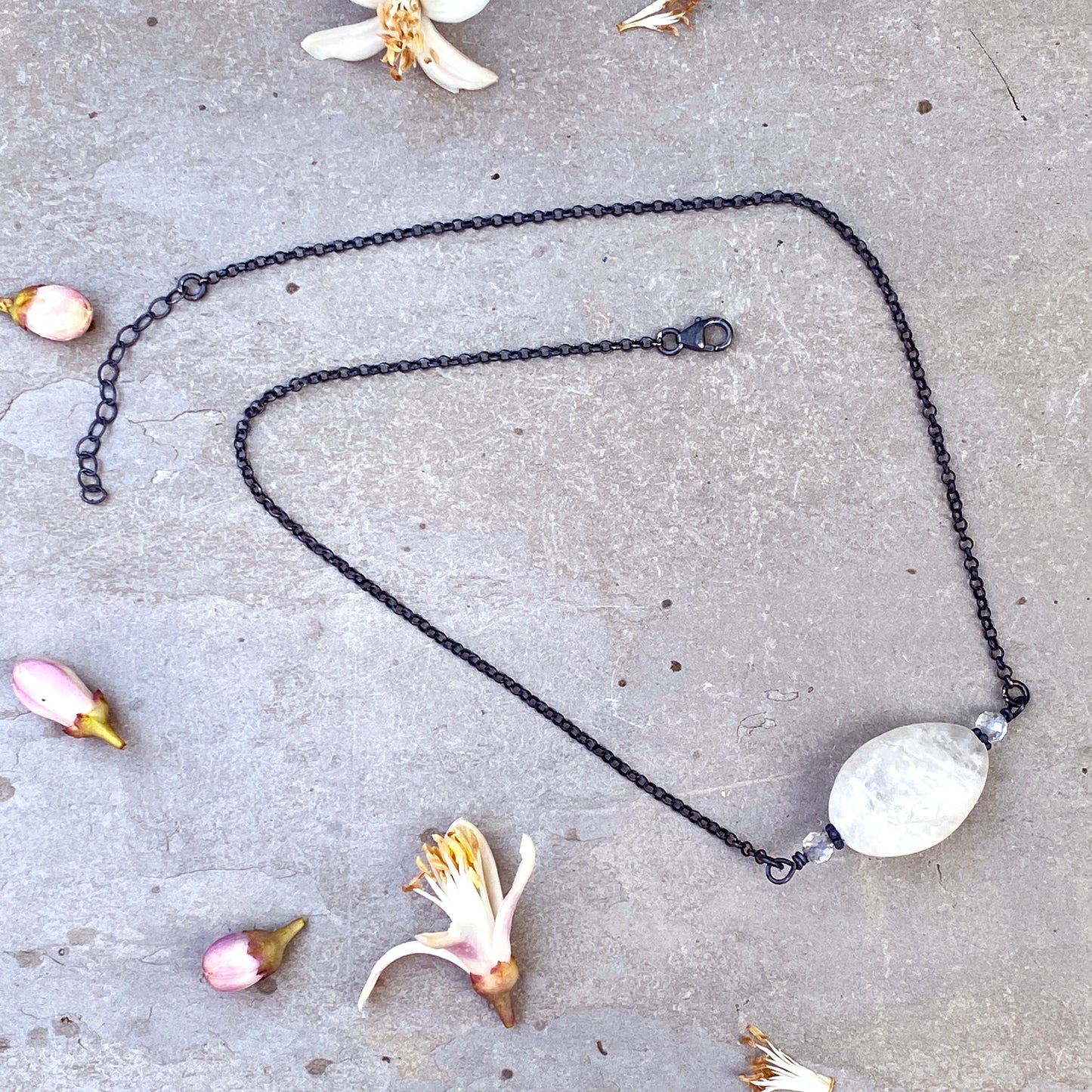 Oxidized Sterling Silver with Moonstone gemstone & White Topaz Necklace