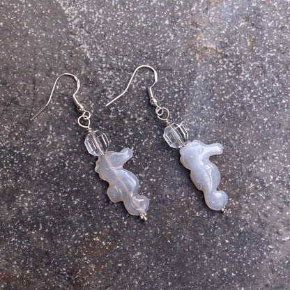 Grey Agate gemstone Seahorses, Clear Quartz, and Sterling Silver Drop Earrings