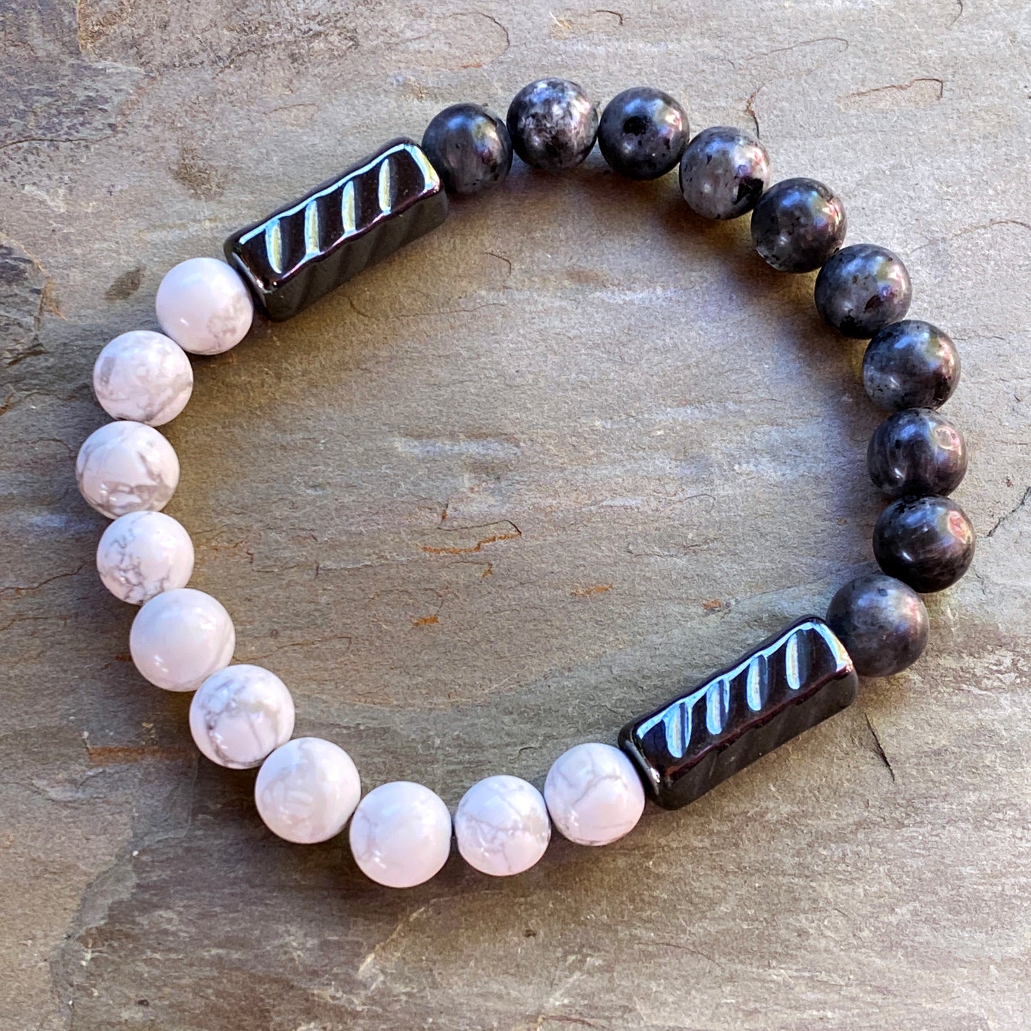 Men’s Black Labradorite, Hematite and Howlite "Balance" gemstone bracelet