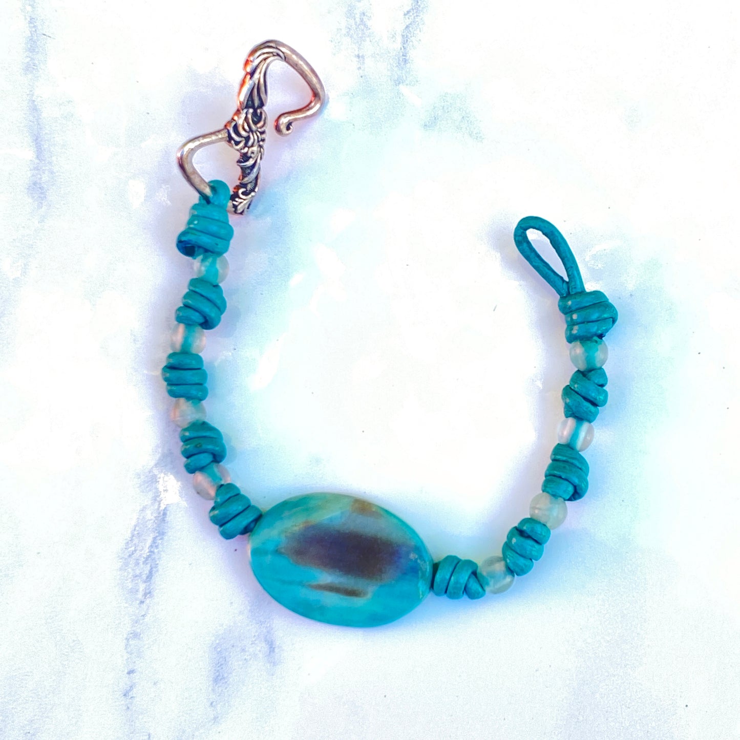 Agate and Fluorite gemstones on hand knotted Leather Bracelet