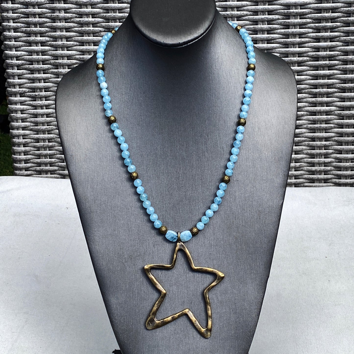 Aquamarine and Brass Star pendant Necklace