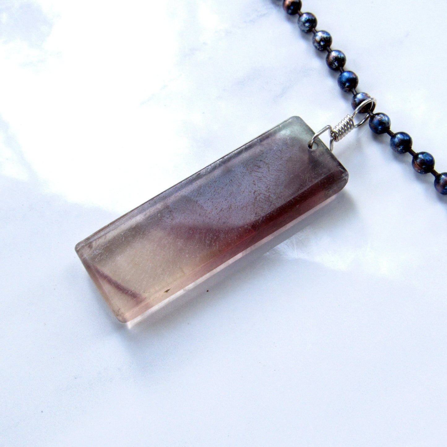 Men’s Sterling Silver Hand Wrapped Fluorite in Hand Patina Painted Copper Chain