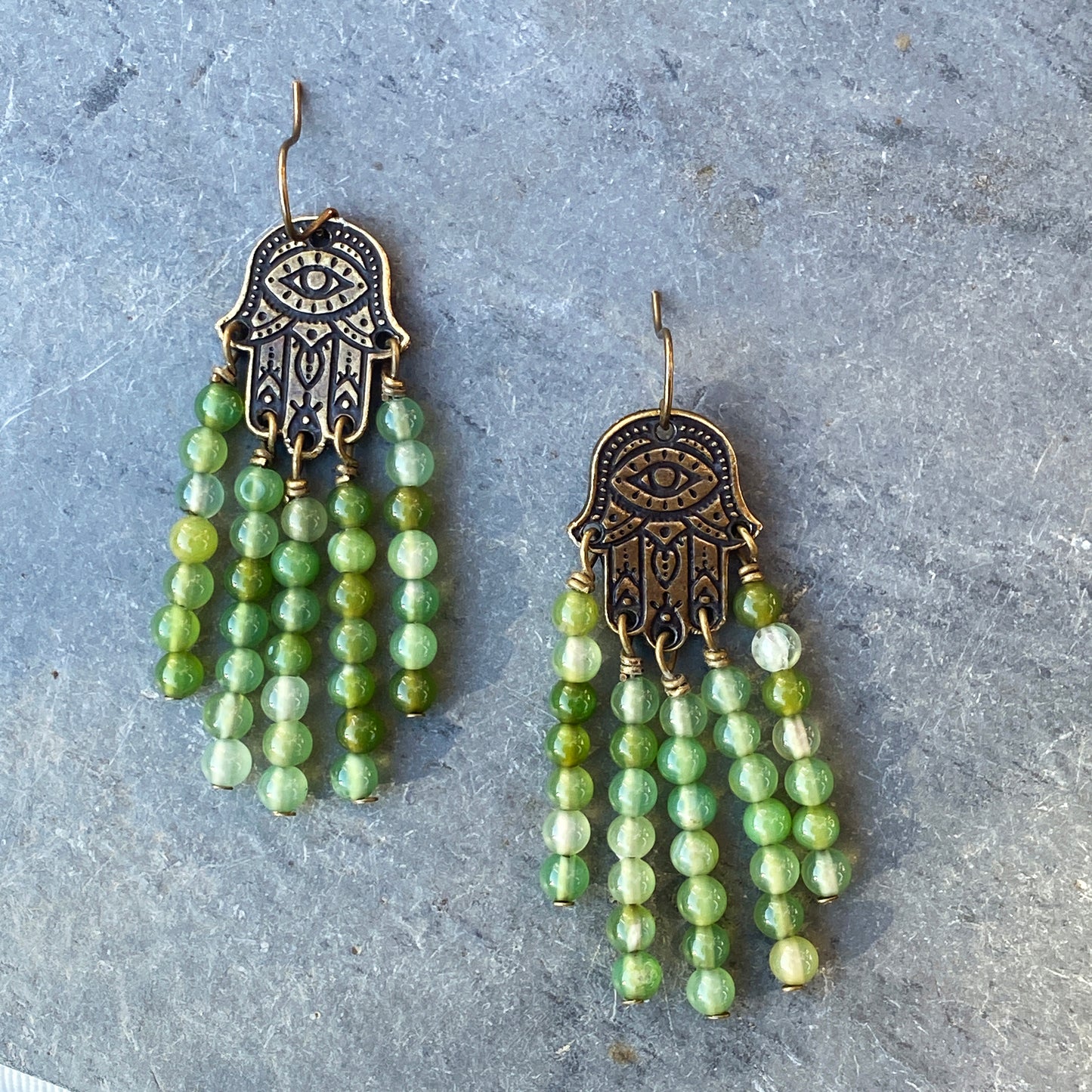 Green Agates gemstones on a Brass Hamsa Earrings