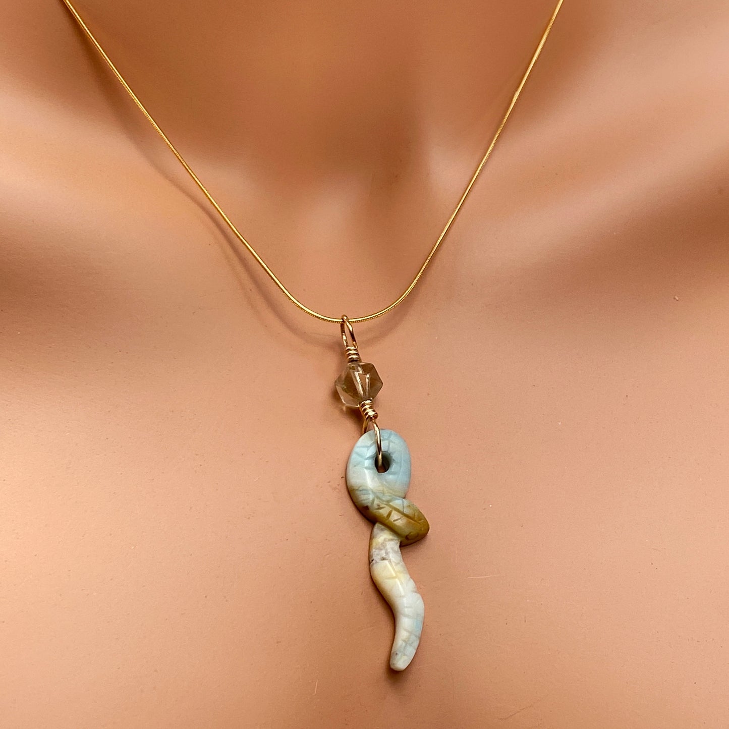 Amazonite Snake with Smoky Topaz gemstone on 18 kt Gold over Sterling Vermeil Necklace