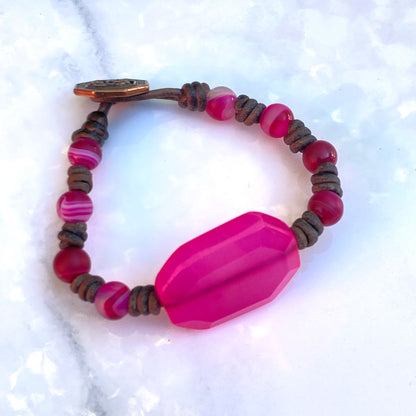 Pink Agate gemstone hand knotted Leather Bracelet