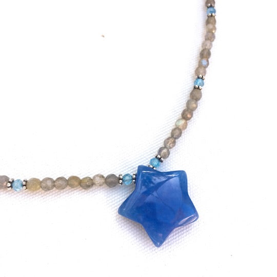 Women’s Blue jade Star, labradorite, blue topaz  & sterling silver Gemstone Pendant Necklace