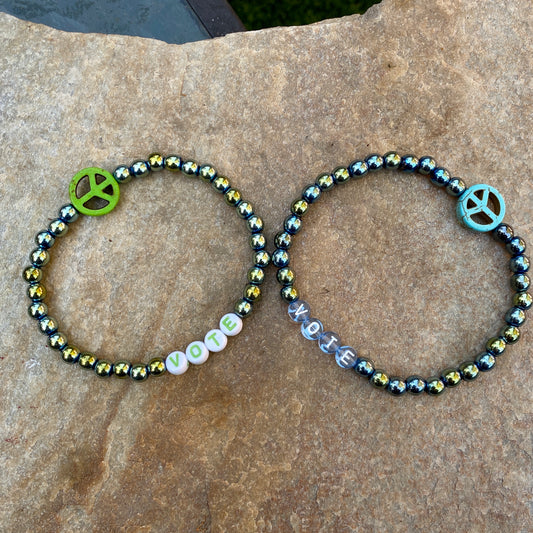 Unisex Green Hematite Gemstone VOTE bracelets