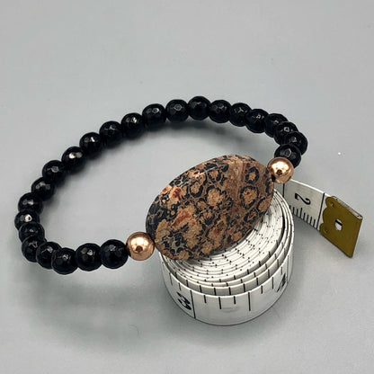 Leopard Print Jasper Gemstone , Faceted Black Onyx, and 14 Kt Gf Women’s Stretch Bracelet